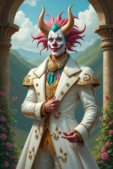 (medieval fantasy art style) an unserious adult male Tiefling man with multi colored hair, wearing white clown clothes