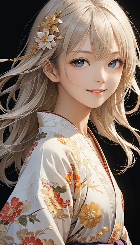  Beautiful charming young anime girl dynamic full body photo , Beige white long hair woman wearing Japanese yukata(  Perfect Correct Anatomy  )  Face Side Close-up .  Detailed Face .  realistic eyes .  Face and Eyes Very Fine .  thin skin .、 thin skin  tex...