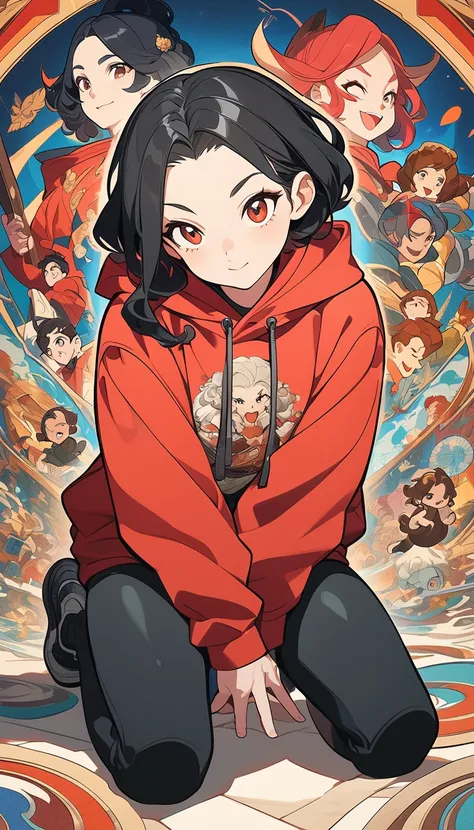 a close up of a person wearing a red hoodie and black pants, wrap,  Animated Art  style,  Animated Art style,  Animated Art , ✏️🎨,  highly detailed icon characters,  cartoon style  illustration, in  cartoon style ,   very high quality artwork ,   full body...