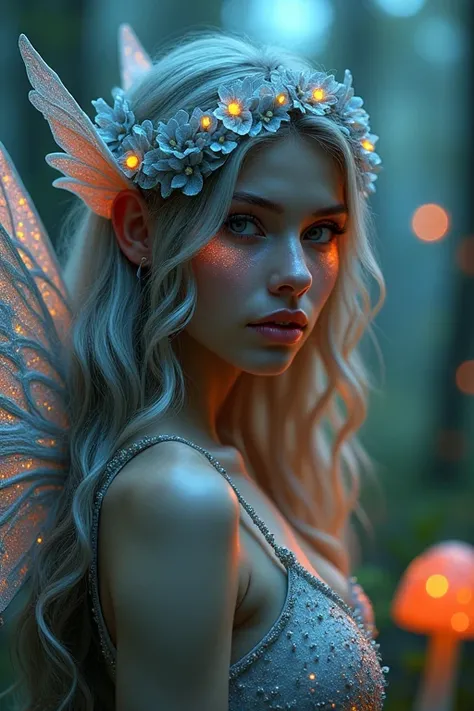 beautiful fairy, glitter long hair, glowing eyes, lush lips, angelic, psychedelic, trippy, fairy forest, mushrooms, glowing, epic graphics much detail much wow, hyperrealism, realistic lighting, ultra skin texsture, stable diffusion, perfect anatomy, crazy...