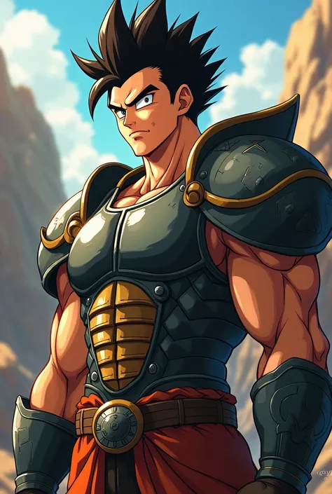  A semi-realistic anime-style male character with short hair  , pele morena , wearing Sayajin armor from Turles from Dragon Ball Z The Tree of Power  