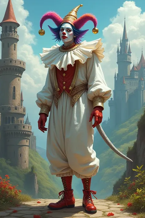 (medieval fantasy art style) an unserious adult male Tiefling man with multi colored medium hair, wearing white clown clothes