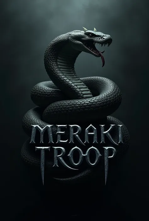 a very realistic and gloomy logo that says "Meraki Troop "  y that has a cobra as its symbol