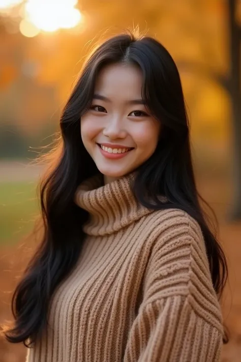  high image quality、live-action、reality、 long black hair、A 167-centimeter 20-year-old woman、 moving、 looking at camera、 vibes、 best smile 、 skin is clear white、autumn、Sunset、garden、When fallen leaves fall 、白の knit 帽、 knit 、 throw fallen leaves 