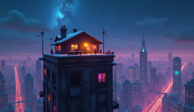 A small cyberpunk-style house atop tall buildings in the city, with a night sky filled with stars and neon lights. This concept art, in the style of Pixar studio, depicts a snow-covered roof and colorful glow emanating from the windows. The image is highly...