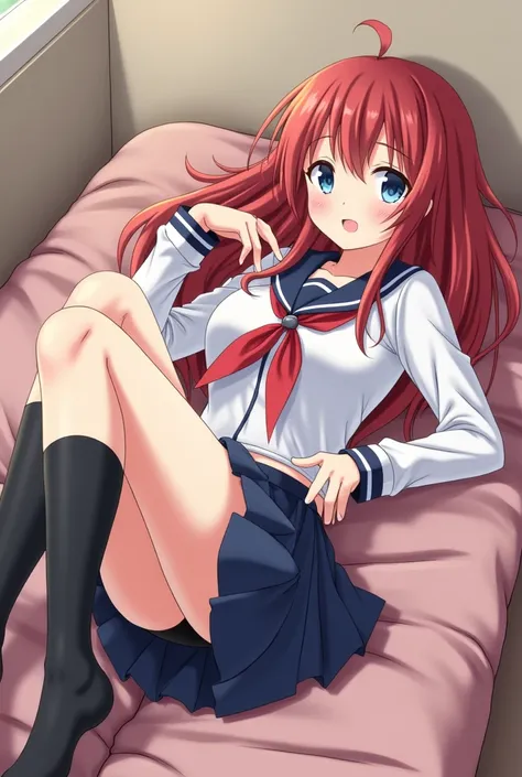 Maki Nishikino in school uniform flexed on her back sticking her butt out and looking back, sus bragas se ven 