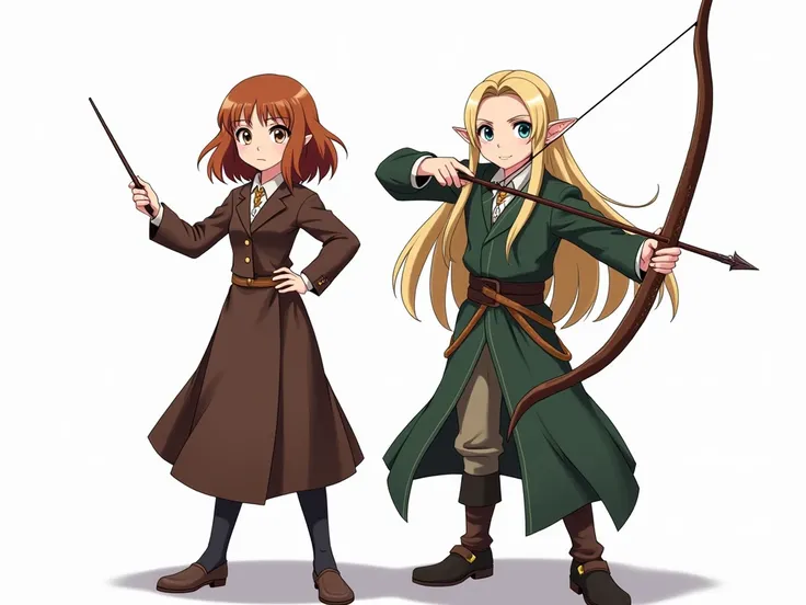 Hermione Granger from the Harry Potter movies and Legolas from the Hobbit movie as Anime characters. All white background.