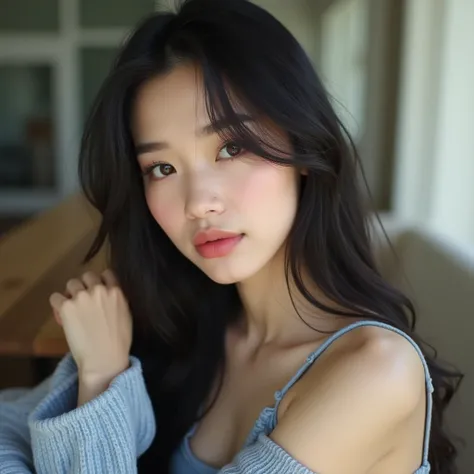 score_9, score_8_acima,score_7_acima,Sananthachat Thanapatpisal,25 years old, Super long black Straight hair,, sleepy seductive Brown eyes, lip blushed gloss, Perfect light textured skin,Sozinho,agasalho folgado azul e branco,calças de moletom azuis e bran...