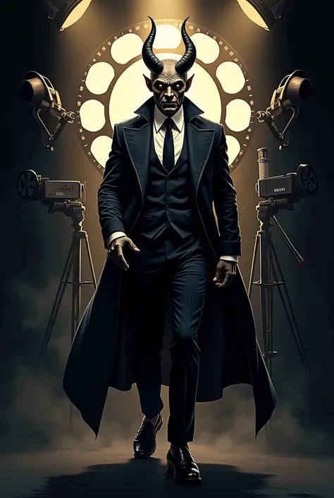 A logo combining cinema and a demon in a suit and tie