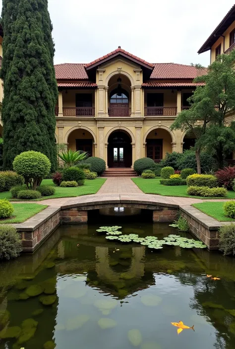 there is a small bridge over a small pond in front of a building, school courtyard, in marijuanas gardens, quito school, from the front, with a fishpond and courtyard, lush surroundings, private academy entrance, masterpiece work of art, outside view, fron...