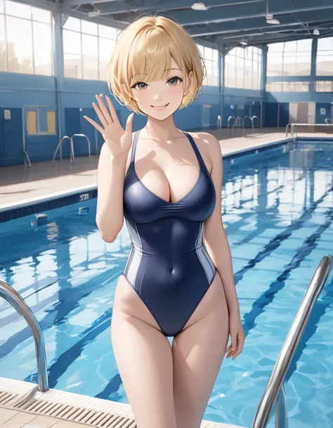 {masterpiece},  1 Woman , (whole body),Young Face,   school pool side , (  standing with different breasts ), (smile), Waving gesture,   navy blue one-piece swimsuit , ,  Blonde,   short hair,   pixie cut, Nipples,  photorealistic