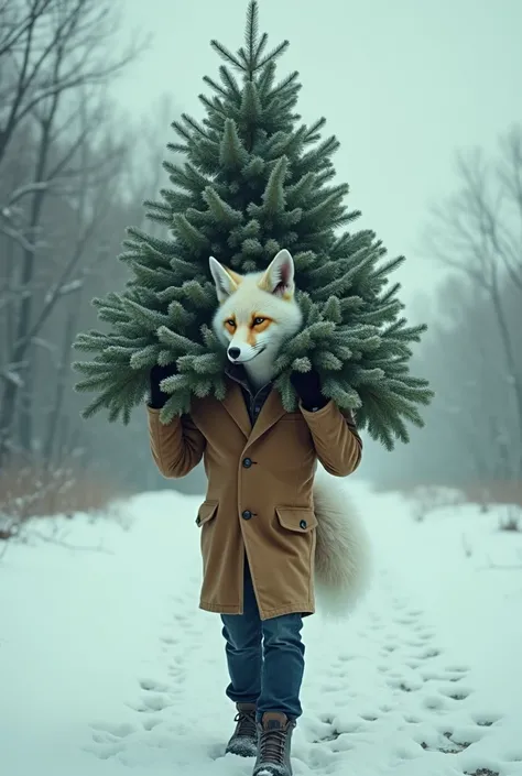 A man carrying a fox head on the shoulders of a Christmas tree 