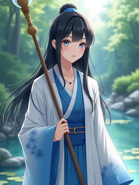 Hana Mizuno, a 19-year-old Japanese priestess, 52", slender with a slightly curved figure, pale skin, long black hair, and blue eyes. She has delicate features, a small nose, full lips, and a serene expression. Hana wears a traditional white and blue pries...