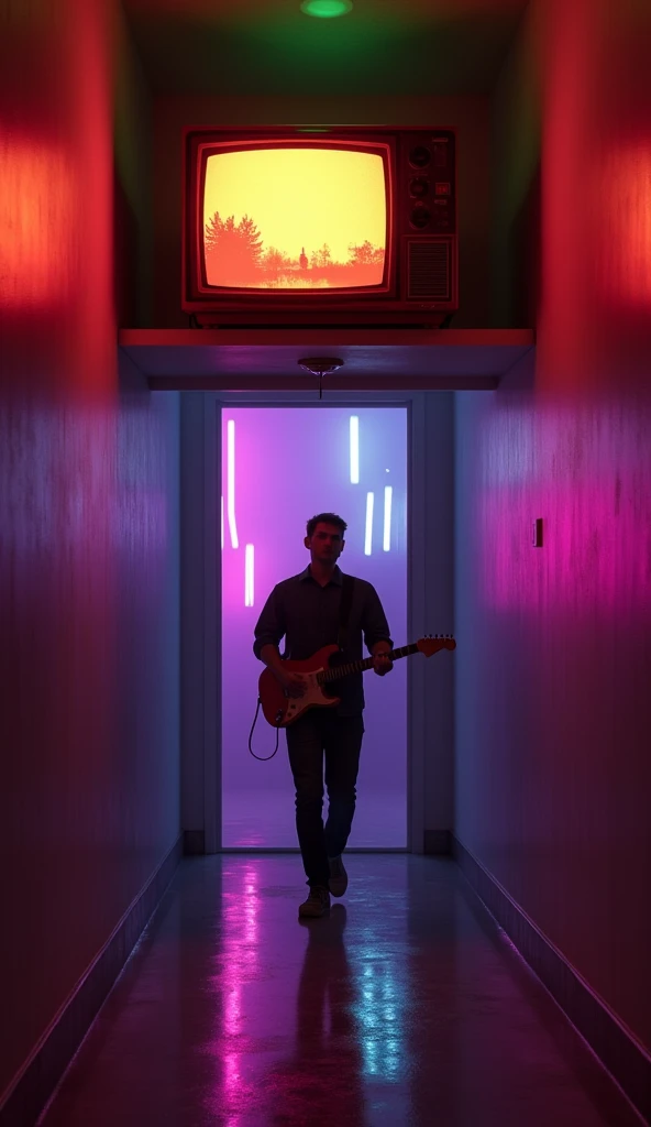 Create a hyper-realistic vertical scene of a dimly lit, narrow room with an old CRT television mounted on the upper wall, glowing with a grainy Nirvana video. Neon pink and purple lights blend seamlessly with the TV’s warm amber glow, casting vivid, colorf...