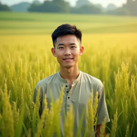 A young Vietnamese man , about 20 years old,  has beautiful eyes , high nose, Neat short hair, wearing a short-sleeved shirt , standing in the middle of a ripe rice field 