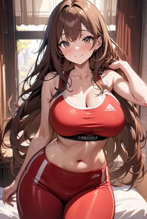 masterpiece, ultra detailed, best quality, illustrations, detailed morning bedroom scenery, detailed Beautiful anime girl, standing up, brown hair, long hair, detailed beautiful face, detailed brown eyes, detailed sweet look, detailed sweet smile, detailed...