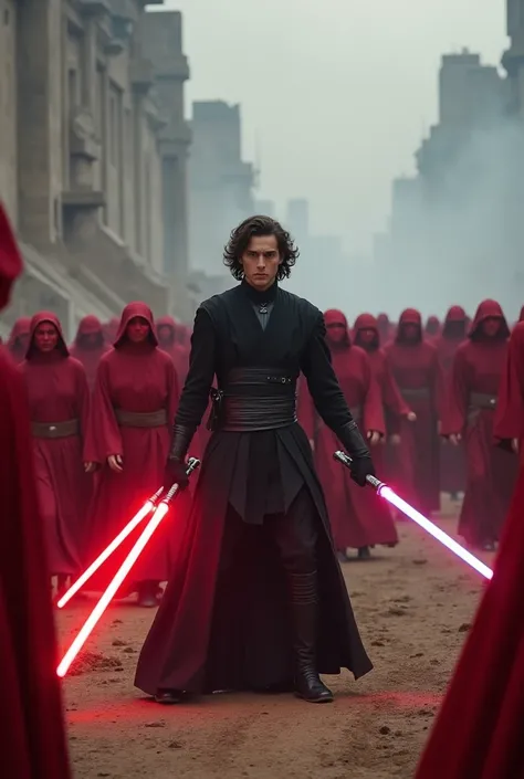 Actor Timothée Chalamet ,  being a Sith with two flavors in his hands ,  one red and the other white in the midst of a war scenario.  He is alone against several women dressed in red  