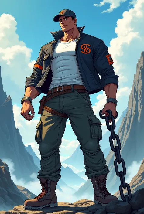 muscle warrior, jacket, camisa blanca,  cargo pants, a cap and boots holding a big, thick chain in his hand anime version on a mountain 