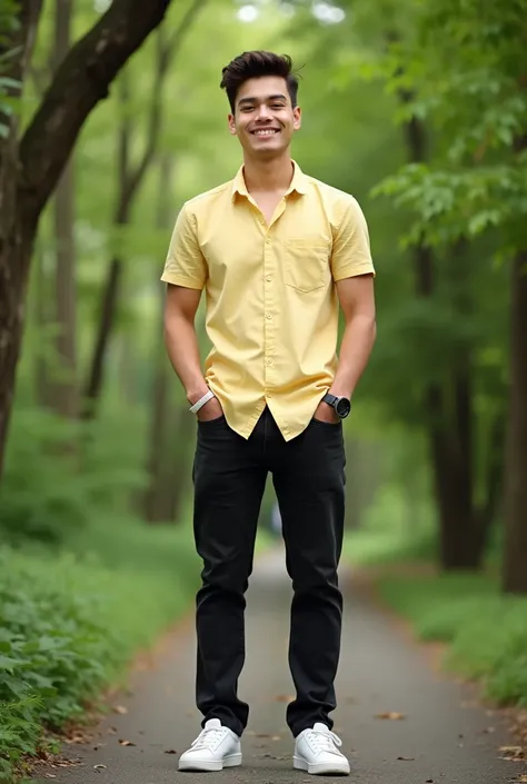 Creat a profile photo boy age 22 wearing a black jeans Light yellow collar shirt white shoes background green trees 