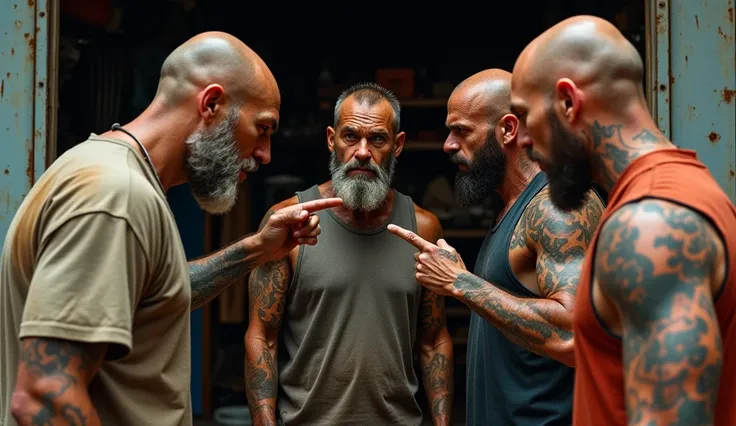 A gang of three intimidating men with fierce expressions confronts a 45-year-old man standing in front of an auto repair garage. The man has a scruffy beard, his face lined with dirt and grease, and his clothes are stained with oil and grime, reflecting a ...