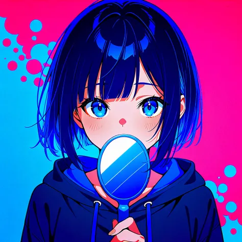 masterpiece,  top quality , 1 girl, Center of screen, My face is hidden by a hand mirror, hairstyle is a short bob,Hoodie(costume),(Multicolor background,  colorful :1.2)