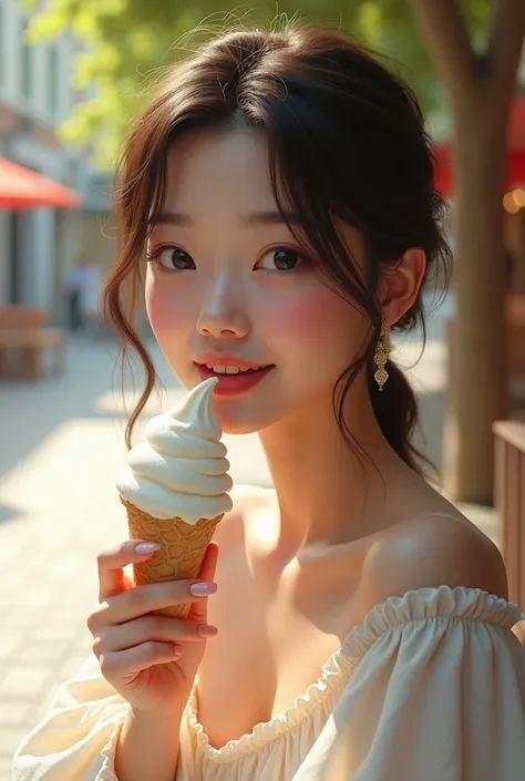 Make a realistic woman , new, taking an ice cream 