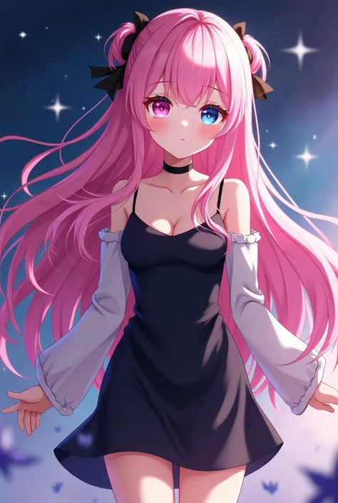 Boku Female Anime , long pink hair, left eye pink,  while the right one is blue,  With black dress , Place of the Stars, modeling 