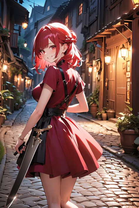 1 girl, (cute face), teenager, various hairstyles, (joyful expression), (smiling brightly), large breasts, slim, (wearing fantasy game style rogue outfit), short sleeve, (porcelain skin),  
BREAK  
Moonlit alley, cobblestone path, (glancing back with a gri...