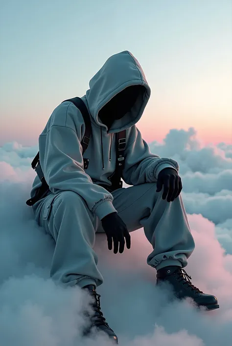 " Create an image of a mysterious character in a futuristic urban style ,  sitting slightly tilted as if leaning gently on the clouds .  The scene must be captured from an angle to give a sense of depth and dynamism,  as if we were looking at character fro...