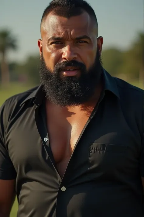 an exaggeratedly muscular and large bodyguard, beefy build, beard, dark-skinned african american male, buzzcut hair with square line, surprised expression, unbuttoned, (bara pecs: 1.3), (arm and chest hair: 1.1), close-up portrait HD, (golf course), ,weari...