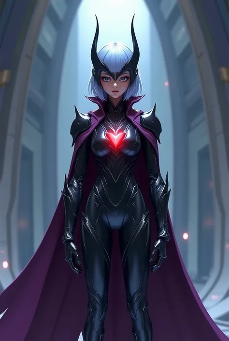 4K, 3D cartoon art. A futuristic boy warrior clad in a form-fitting, sleek, and glossy armor suit with a dark metallic color scheme, primarily black with subtle dark purple hues. Its body armor is designed with intricate curves and edges, blending elegance...