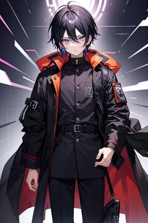  Create the image of an anime boy of approximately 19 years of age.  He has very unique black hair and amber eyes .  He wears a black coat with purple details .  And dont forget to create the anime-style image , and give a cool expression to the character ...