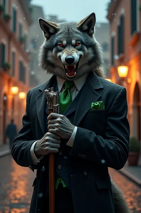 A menacing anthropomorphic gray wolf representing Italy, wearing a classic black three-piece suit with a silk green pocket square. The wolf stands confidently in a narrow cobblestone street in front of the Colosseum, its sharp teeth visible in a calm yet t...