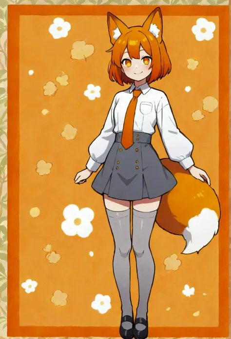 A Kemonomimi Fox girl with a beautiful face, Orange with Brown gradient beautiful eyes, Orange hair, short hair, cute fluffy Fox ears, Orange Tie, white Shirt, grey skirt, Long grey thigh high stockings, cute japanese Shoes, smiling, Charismatic