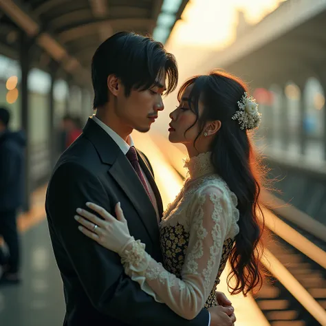 (( real:1.4、Realistic))((  original photos:1.2,  top quality )), Photo art， very detailed, Extremely precise description, Ultra-fine drawing, ([    "Intertwined:1.2), (MODERN MOVIE ATMOSPHERE ), Warm Light、1 Japanese man 、 One Japanese Woman with Long Hair...