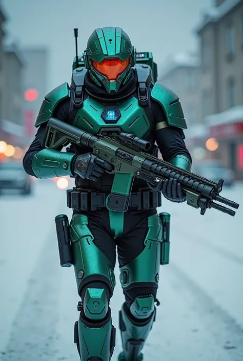  one man with holes 　Holding a railgun  ,  shoot the gun at the camera　The ballistic light is glowing 　Run in the land of a rough planet, The sky is the universe、LED-adorned combat suit ,  a full-face helmet with an emerald emblem,   Digital Punk City 　 Su...