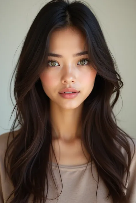 A highly realistic portrait of a young woman with long, straight dark brown or black hair, parted in the middle. She has striking green eyes, defined eyebrows, and soft, natural makeup that highlights her features without looking overdone. Her skin is fair...