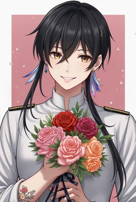  black hair,  split bangs,  handsome,anime,anime,  smiles,  high definition model,  brown eyes, Center-Parted Bangs,anime風, Frame,  sword,砂糖顔 handsome,blue earring,Tattoo on right arm(red、 orange 、 pink、Grey Bouquet )