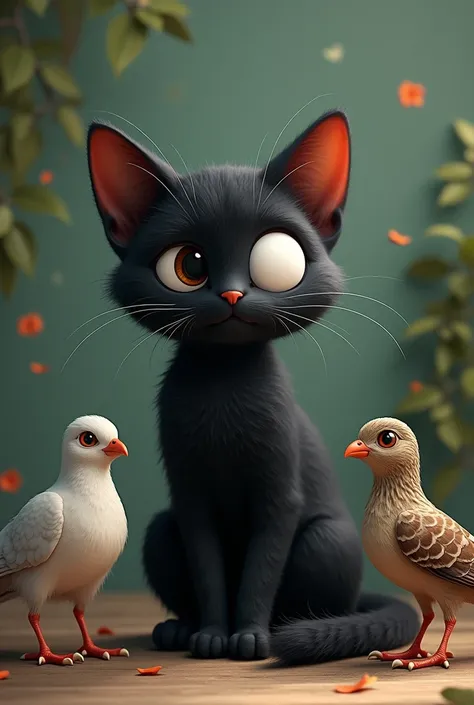 Short-haired 6-month-old black cat with one eye completely white and no iris and the other eye is not seen next to a wild dove and a small Chinese quail