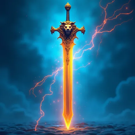 A large medieval sword, a lions face on the handle, shiny golden blade, colorful energy effect around, modern comic book style, vibrant colors, blue background, high quality, best quality, HD