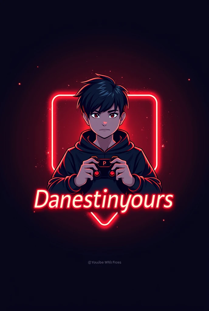 Create a gaming logo that features the name " Danestinyours " in a futuristic font and a neon Red color. and Boy Anime avatar, The logo also has a stylized controller icon and a YouTube play button in the background. The logo is designed to be attractive a...