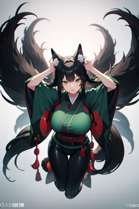 Woman
old 25
green eyes
nine tail black of fox 
Super suit kimono
black hair
fox ears
Pant long
Green shirt
Big bust