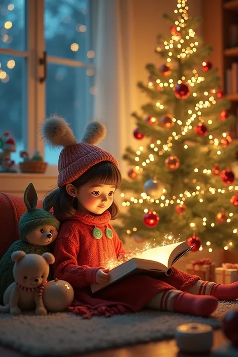  The Christmas spirit with the illuminated tree, et une petite fille qui allongée , Next to his animals  ,  Read a book  