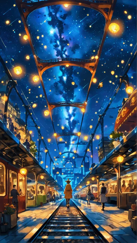 (Birds-eye view:2.5） (A distant view:1.5） Night on the Galactic Railway, Giovanni is a boy who sets out on a journey in search of his best friend, Campanella, On the night of the Star Festival,The galactic station where Giovanni landed is (futuristic:1.5） ...