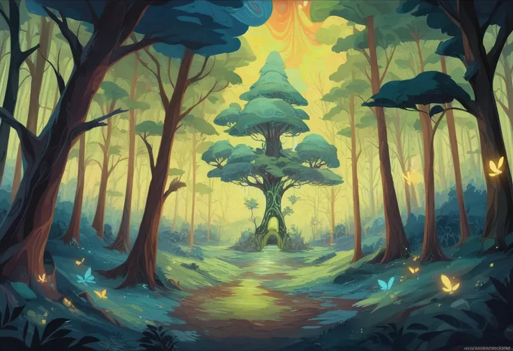 a Forest Painting with trees and a path at night, Ultra-precise detailed paintings by Jason Benjamin,   CG Society Contest Winner  ,  psychedelic art ,  psychedelic forest ,  a psychedelic lush pine forest , Silent Forest Night View ,  just a joke , Night ...