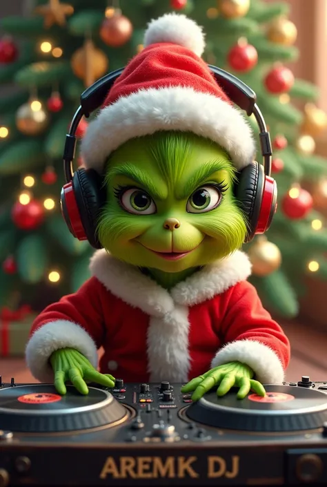 
Create a drawing of a cute baby grinch with headphones and a Santa Claus suit and with a pair of DJ turntables with the name Aremk DJ, and in the background a Christmas tree