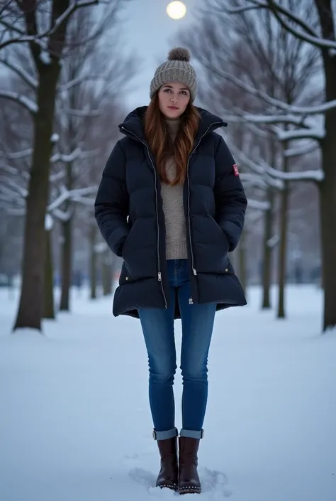 A winter look featuring a puffer jacket made from recycled plastic, paired with slim-fit, ethical denim jeans, ankle boots, and a chunky organic knit beanie. The setting is a park with snow-covered trees under a moonlit sky.

