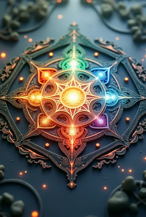 "Create a serene and luminous 3D mandala representing the five elements: Earth, Water, Fire, Air, and Ether. At the center of the mandala, place a geometric pattern symbolizing the unity of all elements. Surround this central structure with intricate desig...