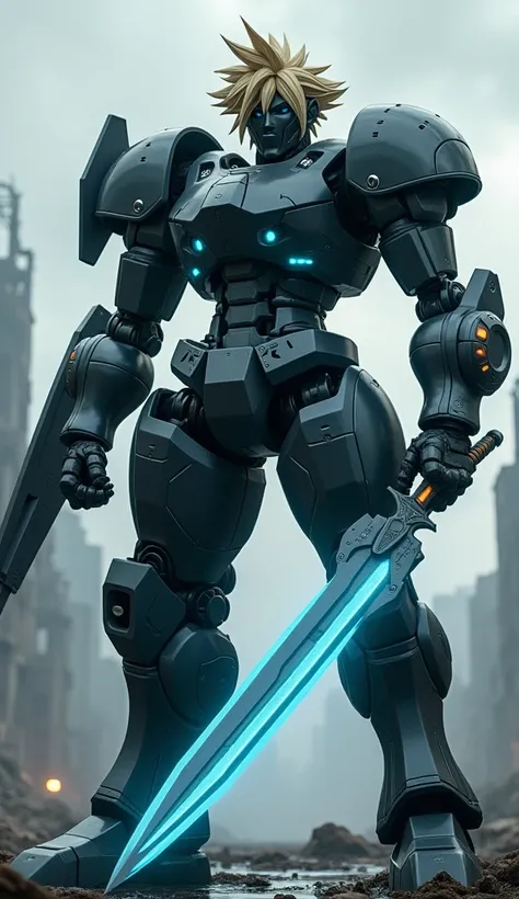 A massive warbot inspired by Cloud Strife, with sleek metallic plating mimicking the silhouette of his iconic look. Its armor features a dark, matte black finish with intricate grooves and straps designed into its design, and a large metallic shoulder guar...