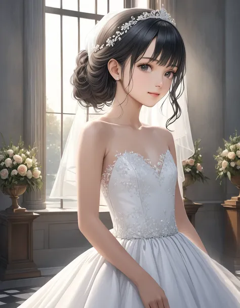 Young Face,  flat chested,  wedding dress ,  black hair,  photorealistic